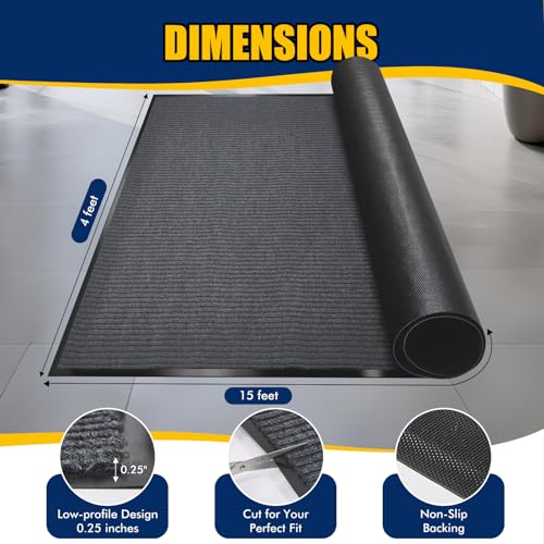 Image of Extra Large Indoor /Outdoor Entrance Mat - 4 x 15 Feet, Rubber Border Door Mat Heavy Duty, Waterproof, Low-Profile, Easy to Clean, Rubber Entry Mat, Commercial Floor Mat, Charcoal Grey