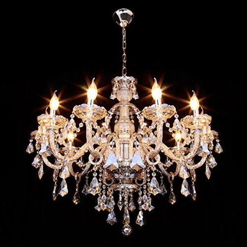 TryE 10 Arm Chandelier K9 Crystal Glass Ceiling Light E12 Pendant Lamp Cognac Color for Living Room Bedroom Hallway Entry