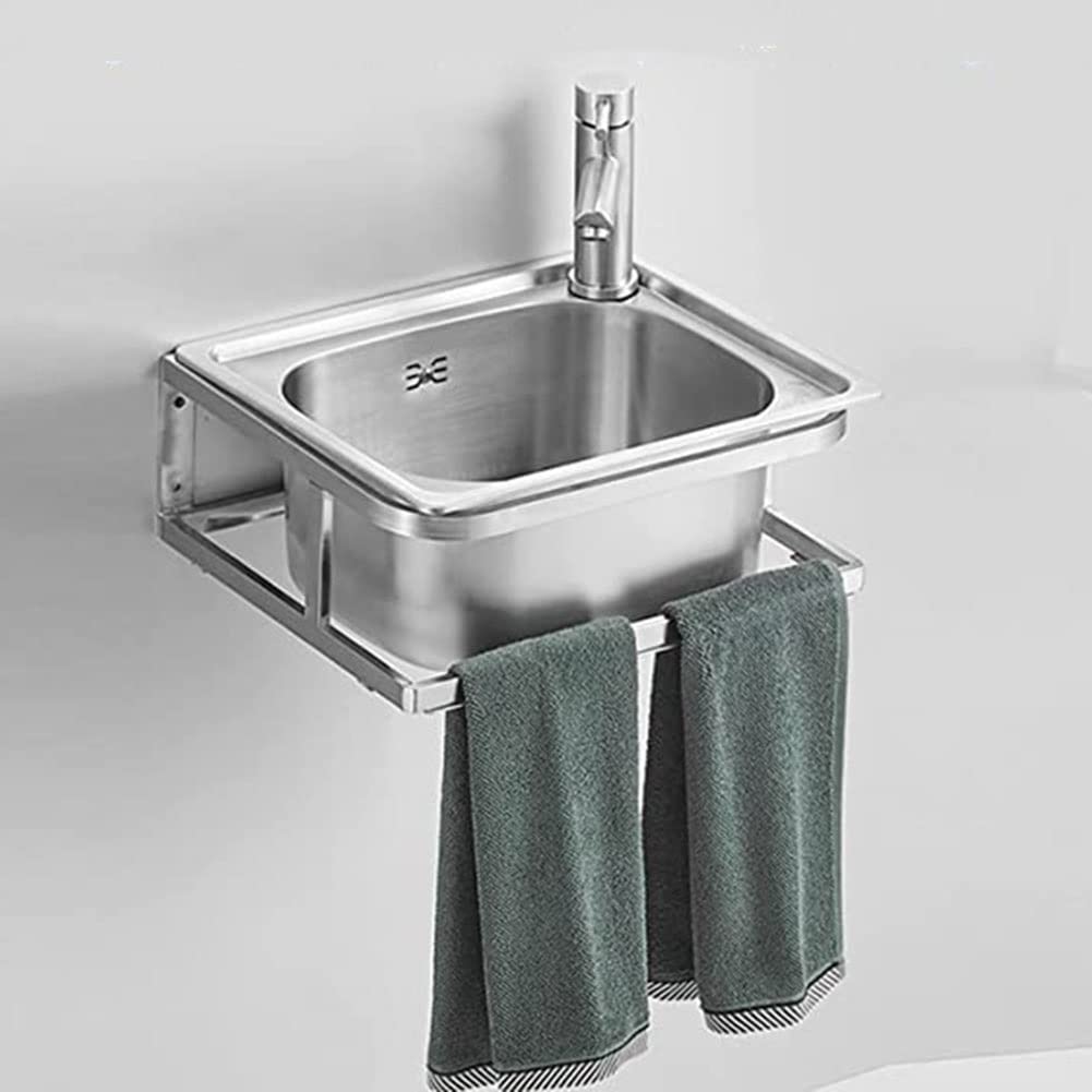 Lavabo Colgante En La Pared, Fregadero Comercial De Acero Inoxidable Lavandería del Baño con Estante De Toallas Y Grifo Adecuado para Hoteles/Baños/Exteriores (Color : Silver-C, Tamaño : 41x35x1