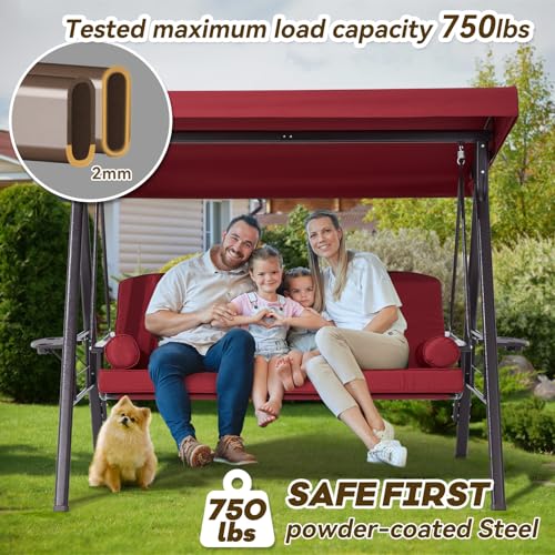 Image of 3 in 1 Outdoor Porch Swing with Adjustable Canopy, 3 Seat Outdoor Swing for Adults, Patio Swing Chair with Thickened Cushions,Pillows & Cup Holders for Backyard, Porch, Garden (Wine Red)