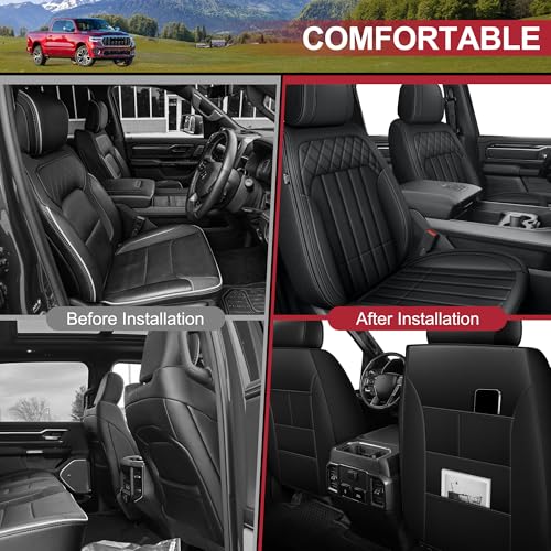 Image of AOMSAZTO for 2026 Dodge Ram 1500 Seat Covers 2500 3500 2002-2026 Full Set | Truck Seat Covers Waterproof Leather Quad Crew Cab Big Horn Laramie Tradesman Limited Curved Bench(5 Seat,Black)