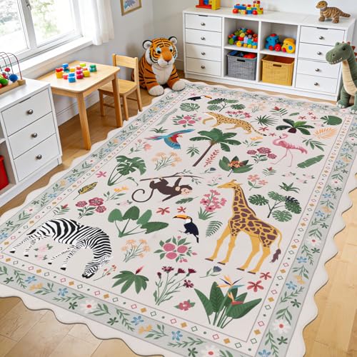 U'Artlines Jungle Animal Print Area Rug 6x9 ft, Machine Washable Soft Floor Carpet, Low Pile Non Slip Safari Animals Rugs for Living Room, Kids Bedroom (Beige) — view 5