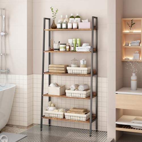 GarveeHome 5 Tier Bookshelf, Narrow Home Office Book Shelf Display Rack, Rustic Brown Storage Organizer with Open Shelves, 67" Tall Wood Bookcase with Metal Frame for Bedroom Kitchen Living Room