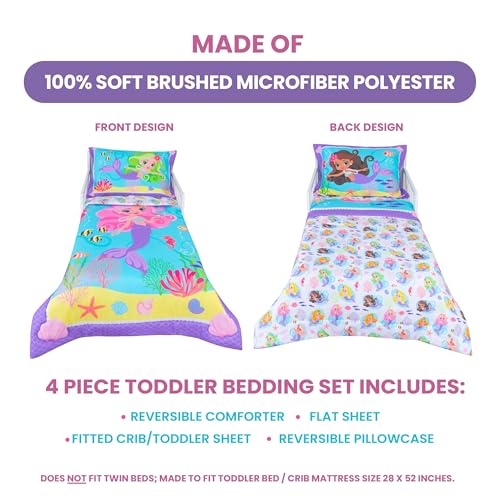 Image of Todays Kids Mermaids Toddler Bedding Set for Girls - 4-Piece Toddler Bed Sheets and Comforter Set, Reversible Comforter & Pillowcase, Flat Sheet, Fitted Sheet, Breathable & Super Soft Microfiber