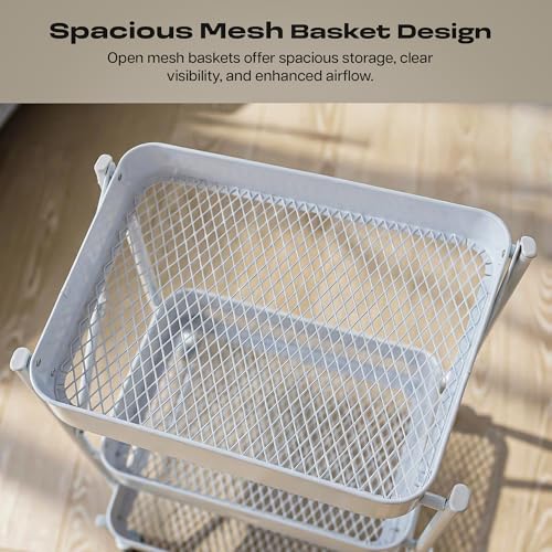 Image of Multipurpose Foldable Kitchen Storage Trolley | Heavy Metal 3-Tier Utility Cart for Storage | Portable Cart for Kitchen, Bedroom, Office | Kitchen Rack with Lockable Wheels (White)