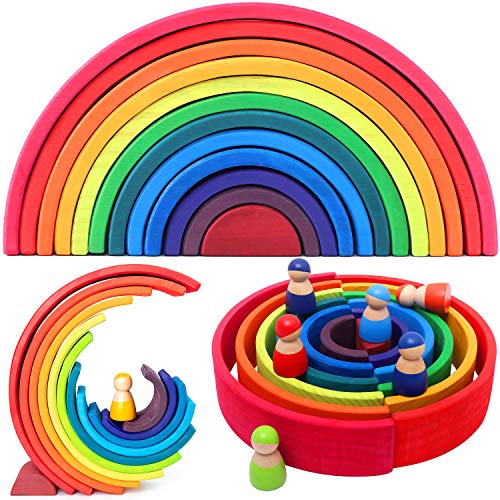 VIGEIYA 18Pcs Wooden Rainbow Stacking Toy Color Sorting Toys Large Stacker Building Blocks for Kids Toddlers (Large)