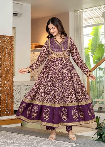 Image of Pistaa's Women's Pure Cotton Anarkali Floral Printed Hand Work Kurta with Pant & Dupatta Set