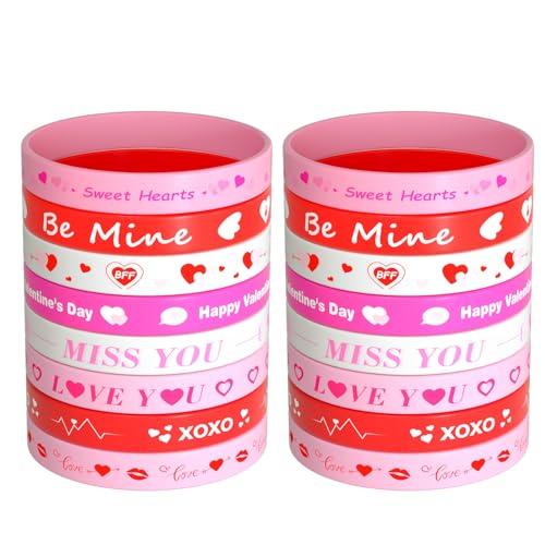 NEBURORA 16 Pieces Valentine's Day Silicone Wristbands Pink Red Heart Rubber Bracelets for Valentine's Gift Party Decoration Favors