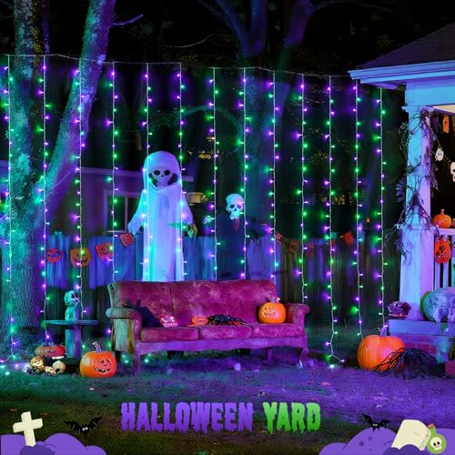 Image of JMEXSUSS 300LED Purple & Green Curtain Lights for Halloween Decor, Plug in | 9.8x9.8ft, Halloween Curtain Lights with Remote, Twinkle Hanging String Light for Bedroom Wall Window Backdrop Indoor Outdoor