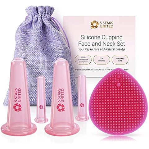 Silicone Facial Cupping Therapy Set - Eye and Face Vacuum Massage Cup Kit - 4 Cups with Free Exfoliating Brush - Anti-Wrinkle and Anti-Aging Effect - 100% Hygienic Cover