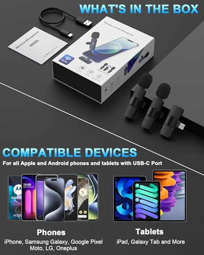 Microfone de lapela sem fio USB C, microfone Bluetooth de lapela para Apple iPhone 15 Pro Max/Plus,
