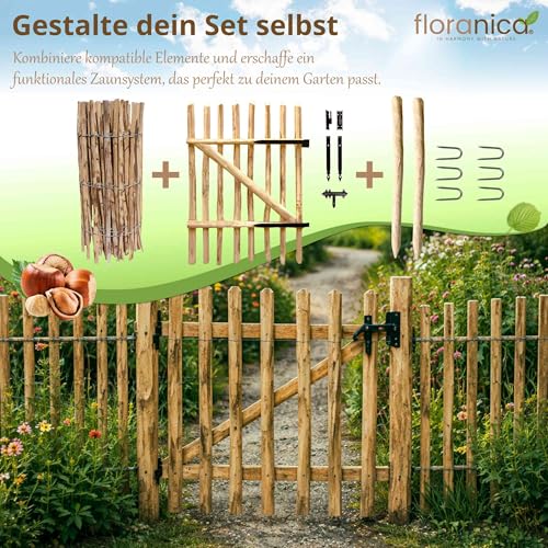 Floranica Staketenzaun aus Haselnuss 5 m lang x 100 cm hoch, Lattenabstand 4-6 cm Rollzaun Gartenzaun Gartenbegrenzung, Hundezaun