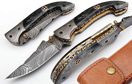 SHINY CRAFTS | Handmade Damascus pocket knife for men | Folding knife with liner lock | Bushcraft knife for Fishing, Camping, Hiking | Damascus steel hunting knife with sheath | Camping Knife with Premium Leather Sheath with Belt Loop (FK-20)