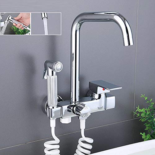 Pistolet robinet mural avec douchette, tout en cuivre chromé, évier de cuisine, double poignée, troisième position, évier de lessive, robinet rotatif-ré Cover