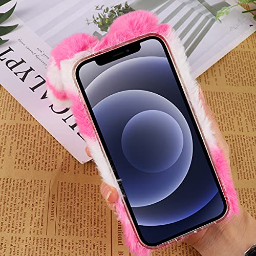 Pink Fluffy Fur Plush Case For Moto E 2020: Cute Spotted Bunny Furry Girly Cover 3D Animal Fuzzy Protective Case Faux Rabbit Cony Hair Kawaii Cartoon Fun Women Case For Motorola Moto E (2020) #TOP3