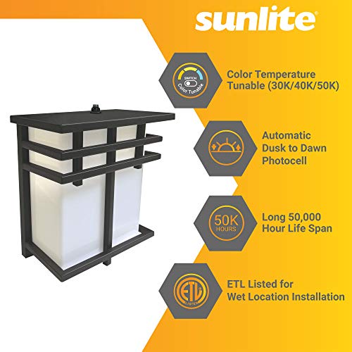 Sunlite 88686 Led Mission Style Outdoor Fixture, 12 Watts (75W=), 800 Lumens, Built-In Photocell, Black Finish, Opaque White Lens, Color Temperature Selectable 3000K/4000K/5000K #TOP3