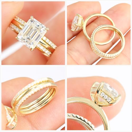 3.5CT Moissanite Bridal Ring Sets for Women D Color VVS1 Clarity Emerald Cut Lab Created Diamond Wedding Ring Sets S925 Sterling Silver with 9K Gold Plated Engagement Rings for Her Size 6.53