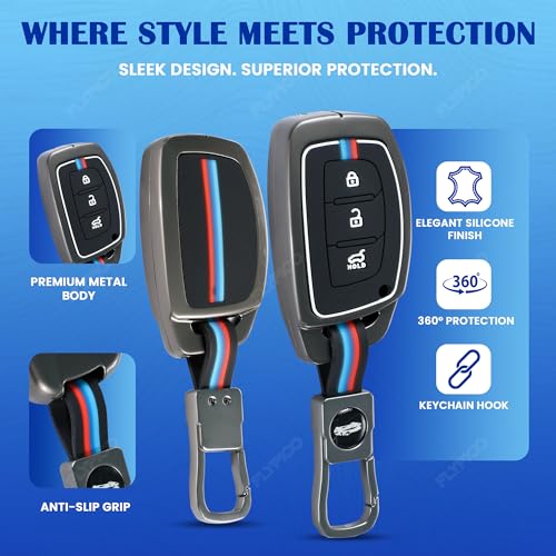 Image of Metal Silicon Key Cover Compatible with Hyundai Creta i10 Grand i20 Elite i20 Active Xcent Verna 4s, Tucson Elantra Grand i10 Nios 3 Button Smart Key Special Feature Visible in Low-Light