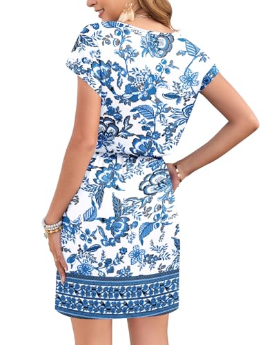 Image of AUSELILY Womens Summer Mini Dress, Short Sleeve V Neck Drawstring Casual | Soft smooth drape with an adjustable drawstring waist for beach, casual outings and daily wear