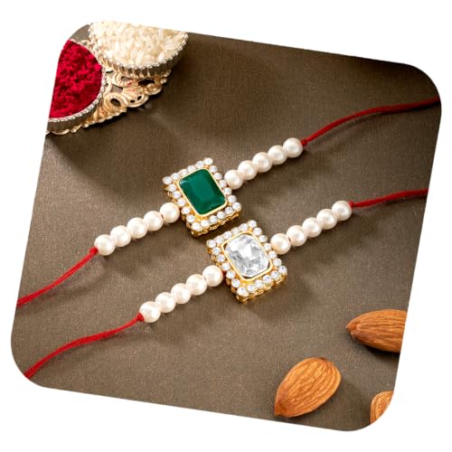 Image of Peora Rakhshabandhan Thread Rakhi for Brother Bhaiya | Kundan Beads & Crystal Studded | Combo Set of 2 | Rakhi Hamper Roli Chawal & Greeting Card