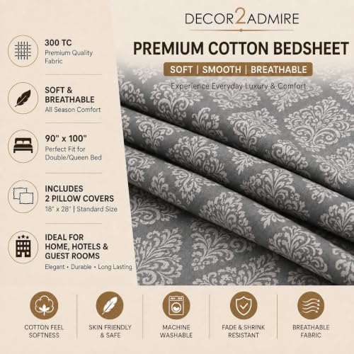 Image of DECOR2ADMIRE 400 TC Cotton Bedsheet with 2 Pillow Covers, Premium Damask Self Design Bed Sheet for Double Bed (Dark Grey, Double King)