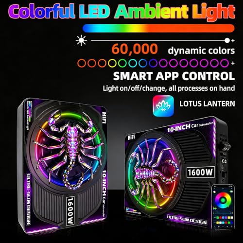 Image of 2026 Upgraded 1600W 10 inch Slim Under Seat Subwoofers with Amp & LED Ambient Lights for Truck /Car - Deep Bass, Individual Controls (LPF /Gain /Bass Boost), High Output Distortion-Free Audio