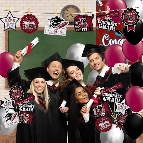 Image of Maroon Graduation Decorations /Burgundy Black Graduation Party Table Decorations 2026 /24Pcs Maroon Black Graduation Sticks Table Toppers for Maroon Graduation Party