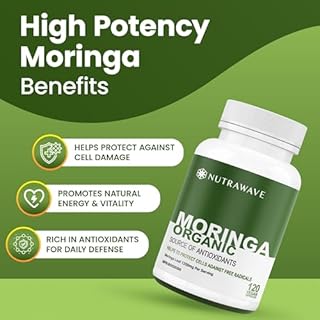 Nutrawave ORGANIC MORINGA LEAF Capsules 1200mg High Potency (2 x 600mg) for Liver Detox Cleanse, Gut Health, Hormone Balance – Gluten Free, Non-GMO, Vegan-Friendly Antioxidant Supplement -240 Capsules