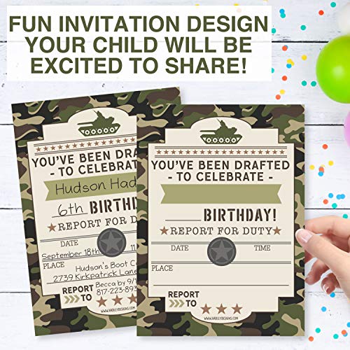 Image of Hadley Designs Kids Birthday Invitations For Boys Army Theme - 25 Call of Duty Birthday Party Invitations For Boys, Camo of Duty Invites For Boy, Cute Camouflage Military Party Supplies, Made In USA