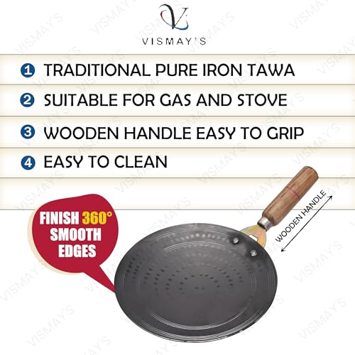 Image of VISMAY'S Pure Iron Tawa 9.5 Inch First in India with Smooth Edge Technology Wooden Handle Metal Spoon Friendly Hammered Loha Tava Ideal for Roti Chapati (1200 gm)