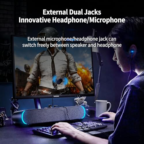 Computer Speakers, Wired USB-Powered Speaker, Portable Computer Sound-bar with LED Light & Mini Mic, Mini Stereo Gaming Sound Bar Speaker for Desktop PC Laptops Tablets, Plug-n-Play (Deep Black)