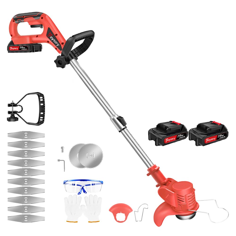 Tagliaerba a batteria senza fili con 2 batterie, decespugliatore elettrico a batteria con 10 coltelli in metallo, decespugliatore a batteria, colore rosso