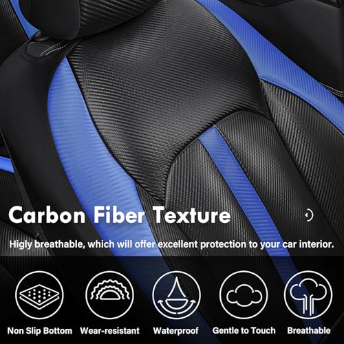 Image of Coverado Leather Car Seat Covers Full Set & Carbon Fiber, Waterproof and Durable All Weather Protector, Universal Fit for SUV, Pickup Truck, Sedan, Automotive Vehicle Interior, Black&Blue