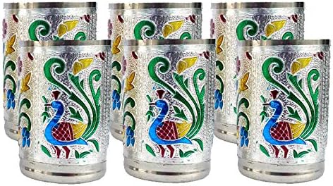 Rastogi Handicrafts Set of 6 Stain Less Steel Glass Indian Hand Made Meena Work Peacock Design Golden Silver Color Diwali Christmas Tumbler Gift Set Item (Silver)