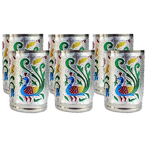 Rastogi Handicrafts Set of 6 Stain less steel glass indian hand made meena work Peacock design Golden silver color Diwali Christmas Tumbler Gift set item (Silver color) Cover
