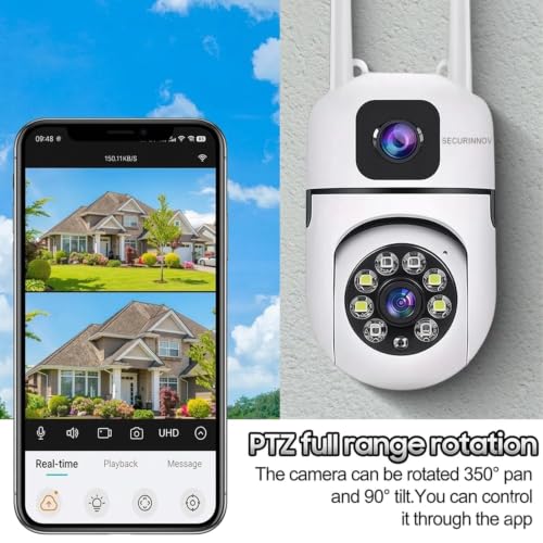 Image of securinnov 4+4MP Smart WiFi PTZ CCTV Camera for Home Outdoor | 360 View | Color Night Vision | Two Way Audio | Wireless Security Camera with Mobile App V380 Pro (Dual Lens Mini Dome)