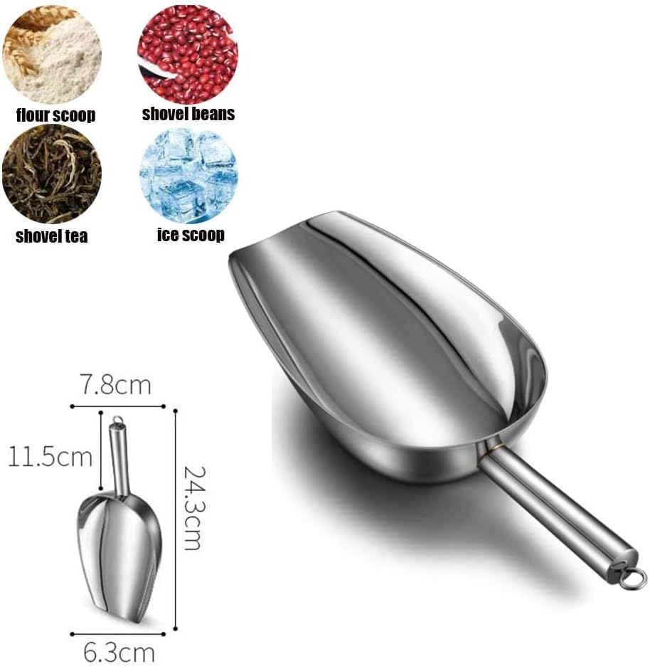 Stainless Steel Ice Shovel Scoop，Food Scoop Thickened Dried Fruit Shovel Flour Rice Shovel Dry Cargo Shovel，Silver-24.3x7.8cm(10x3inch)