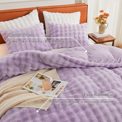 Image of EMME Faux Fur Duvet Cover King Size, 3 Pieces Ultra Soft Fluffy Comforter Cover, Cozy Warm for Winter, Luxury Elegant Shaggy Bubble Design Bedding, 1 Duvet Cover & 2 Pillow Shams (King, Purple)