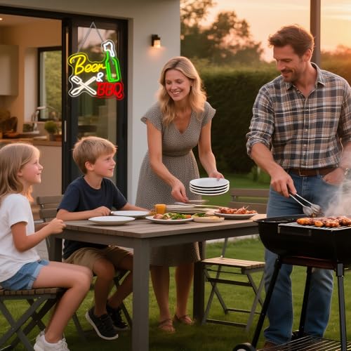 Image of Neon Beer Signs for Wall Wine Decor LED BBQ Sign Light Up Bar Backyard Party Neon Beer Light Sign for BBQ Shop Restaurant Barbecue Gifts for Meat Beer Lovers