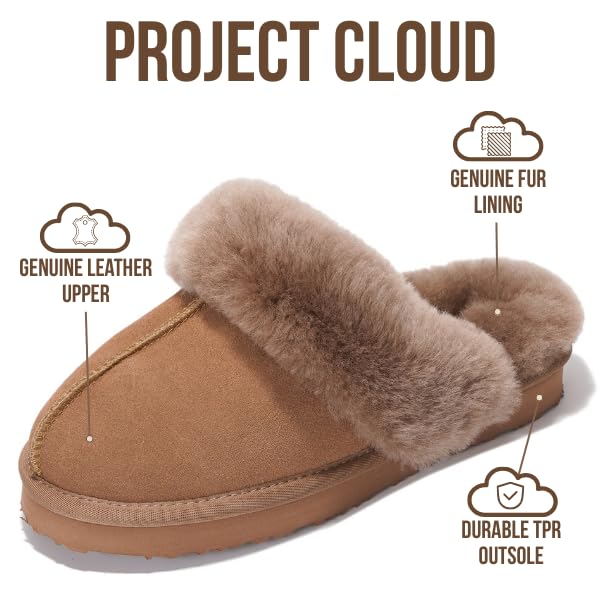 Project Cloud Genuine Leather Slippers for Women Footwear with Genuine Fur Lining Womens Clogs & Mule - Non-Slip Indoor/Outdoor Scuff Womens Slippers with Memory Foam Insole (Henka)