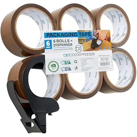 DECO EXPRESS Packaging Tape Dispenser with Tape 6 Rolls Strong Brown Tape Fragile Tape Clear Tape Heavy Duty Tape for Packing Boxes Moving House Essentials (Small Dispenser Brown) Cover