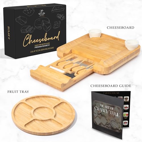 Image of Zulay Kitchen Premium Bamboo Charcuterie Board - Extra Thick Bamboo Board with 4 Piece Knife Set - Perfect for Charcuterie, Wine and Cheese