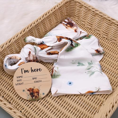 Image of Ylsteed Baby Highland Cow Swaddle Blanket and Headband Set, Newborn Receiving Blanket Swaddle Wrap for Girls and Boys, Swaddling Blankets Neutral for Newborn 32 * 32 in (Highland Cow Blue)