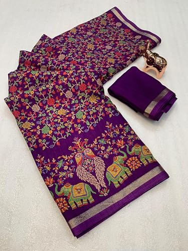 Image of Kalamkari Floral Prints Dola Silk Saree With Rich Zari Border Designer Pallu Attach Blouse Piece