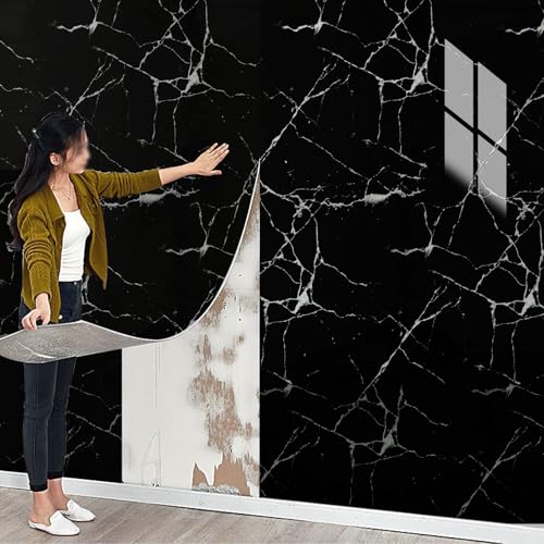 Tarwanear Marble Tile Stickers 300cm x 40cm 1 Roll Self Adhesive Wall Tiles Bathroom Waterproof Peel and Stick Wall Moulding Panels PVC Stick on Tiles for Home Decor Kitchen,Black