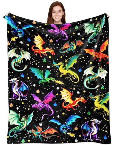 Mettdlly Dragon Blanket Gifts Soft Flannel Dragons Throw Blanket Bedding Decor for Dragon Lovers Kids Girls Women Adults Black - Dragon 50x40