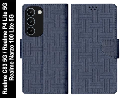 Image of SBMS Flip Cover for Realme C83 5G /Narzo 100 Lite 5G /P4 Lite 5G Back Case with Magnatic Closure | Genuine Leather Finish | Inbuilt Stand | Card & Money Pocket | Wallet Style Flip Cover (Mat Blue)