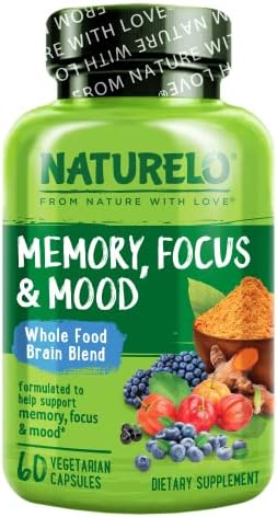 NATURELO Whole Food Brain Blend Supplement, Helps Support Memory, Focus and Mood - 60 Vegetarian Capsules