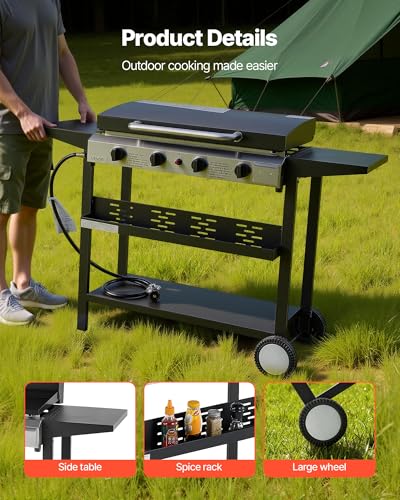 Image of VEVOR Gas Griddle, 4-Burner Flat Top Grill, 29 inch Grill Plate Propane Griddle with Wheels, Lid, 28000 BTU Outdoor Flat Top Grills for Pan-Frying, Grilling, Stir-Frying, & BBQ, Pulse Ignition