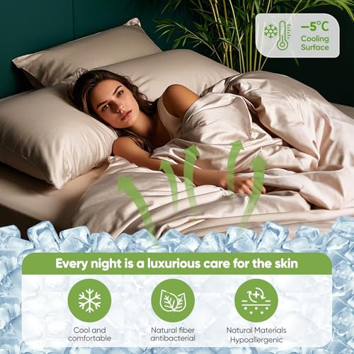 Image of Real 100% Viscose Derived from Bamboo Sheets Set Queen Size, Cooling & Silky Soft for Hot Sleeper, Luxury with Breathable & Moisture Wicking Fabric, 18 inch Deep Pocket with Corner Straps (Sand, Queen)